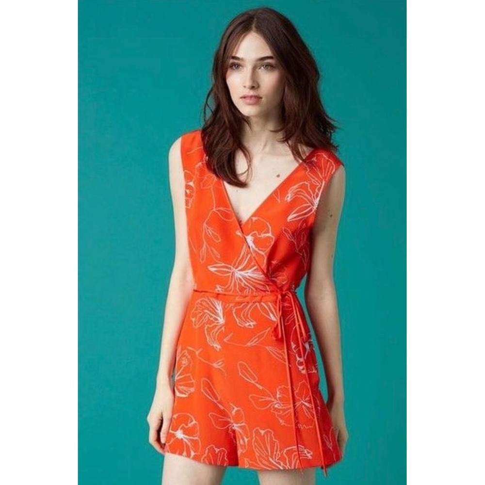 Diane von Furstenberg DVF Orange Silk Floral Wrap Romper Sleeveless Size 4